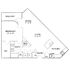 Sophisticated apartment floor plan featuring 1 spacious bedroom, a modern kitchen, and a cozy living area opening to a private balcony.