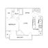 Contemporary floor plan featuring 1 bedroom, large living area, modern kitchen, and private balcony, perfect for convenient living.