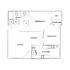 Modern floor plan with 1 bedroom, open living and dining area, well-equipped kitchen, and private balcony.