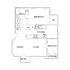 Modern apartment floor plan featuring a spacious bedroom, open-concept kitchen and living area, dining space, bath, balcony, and ample storage options.