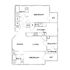 Modern floor plan featuring two bedrooms, two bathrooms, an open dining and living area, a functional kitchen, and a cozy balcony with storage.