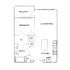 Modern apartment floor plan with 1 bedroom, private balcony, and open living/dining area featuring a stylish kitchen.