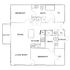Elegant floor plan with 2 bedrooms, open dining and living area, modern kitchen, and dual bathrooms, featuring storage space and a private balcony.