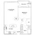 Charming floor plan with 1 bedroom, spacious living/dining area, modern kitchen, and a balcony with storage.