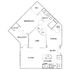 Chic floor plan highlighting a spacious bedroom, open den, and modern kitchen with dining area, complemented by a balcony and ample storage space.