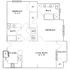Inviting floor plan featuring two bedrooms, two bathrooms, a stylish kitchen, and a spacious living room with balcony access.