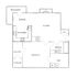 Modern 1-bedroom apartment floor plan with open kitchen and living area, two balconies, walk-in closet, and spacious bath.