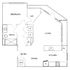 Elegant floor plan featuring a spacious bedroom, a luxurious bathroom, open-concept living and dining area, a modern kitchen, and a balcony.