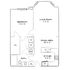Inviting floor plan showcasing a spacious 1-bedroom apartment with a modern kitchen, comfortable living room, and convenient in-unit laundry facilities.