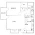 Modern 1-bedroom apartment floor plan featuring a spacious living area, open kitchen, dining space, and a cozy balcony.