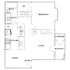 Modern floor plan featuring a spacious bedroom, two bathrooms, open kitchen with dining area, and a cozy living room leading to a private balcony.
