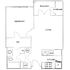 Modern floor plan illustrating an open living area with a balcony, one bedroom with attached bathroom, and a functional kitchen with appliances.