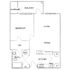 Modern floor plan layout featuring 1 bedroom, an open living and dining area, spacious kitchen with appliances, bathroom with washer hookup, and a balcony with storage.