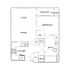 Elegant floor plan featuring 1 bedroom, open living and dining area, modern kitchen, and a balcony with storage.