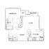 Modern floor plan showcasing 1 bedroom with large walk-in closet, elegant kitchen, open living and dining area, and cozy balcony.