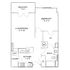 Inviting floor plan with one bedroom, an open-concept living/dining area, modern kitchen, and a private balcony.