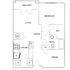 Charming floor plan showcasing a serene bedroom, functional office, and open living space with balcony access.