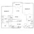 Contemporary floor plan featuring 2 bedrooms, 2 baths, a spacious living area with balcony access, and a modern kitchen with dining space.