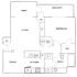 Modern floor plan featuring one bedroom, spacious living room with desk area, kitchen with dining space, and a balcony.