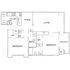 Elegant floor plan showcasing 2 bedrooms, modern kitchen, spacious living and dining area, with balcony access.