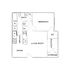 Charming floor plan showcasing one-bedroom apartment with a spacious living room, modern kitchen, dining area, bathroom, walk-in closet, and cozy balcony with storage.