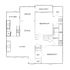 Contemporary floor plan showcasing an open kitchen, office space, dining and living areas, two bedrooms with walk-in closets, two bathrooms, and a balcony.