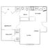 Modern floor plan with 1 bedroom, open living and dining area, balcony, and functional kitchen.