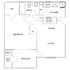 Chic floor plan featuring a spacious bedroom, open dining and living area, modern kitchen, bathroom, and inviting balcony.