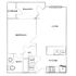 Modern floor plan featuring 1 bedroom, open kitchen, spacious living area, and private balcony with storage.