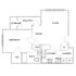 Modern floor plan showcasing 1 bedroom with walk-in closet, spacious living and dining area, contemporary kitchen, convenient laundry, ample storage, and a private balcony.