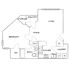 Elegant 1-bedroom floor plan featuring open living area, dining space, and modern kitchen, complete with a balcony and convenient laundry room.
