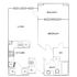 Charming floor plan featuring 1 bedroom with a walk-in closet, a cozy living area, and a kitchen. Includes a balcony for outdoor relaxation and a well-equipped bath.