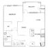Modern floor plan showcasing a spacious 1-bedroom apartment with an open-concept living and dining area, stylish kitchen, and luxurious balcony.