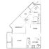 Contemporary apartment floor plan featuring a spacious bedroom with walk-in closet, open living and dining areas, modern kitchen, and convenient laundry space, complete with a cozy balcony.