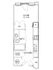 Efficient floor plan showcasing a compact living area with balcony access, a modern kitchen, 1 bedroom with ample closet space, and a full bath.