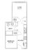 Modern floor plan with 1 bedroom, 1 bath, open living area, and efficient kitchen layout.