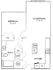 Modern floor plan with 1 bedroom, integrated living and dining area, sleek kitchen, and cozy bathroom.