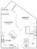 Chic floor plan highlighting a spacious 1-bedroom apartment with an open living/dining area, modern kitchen, and private balcony.