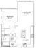 Contemporary floor plan highlighting a spacious living/dining area, an open kitchen, and one cozy bedroom.