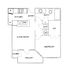 Charming floor plan showcasing a cozy 1-bedroom apartment with a spacious living room, modern kitchen, balcony, and convenient storage.