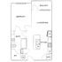 Elegant floor plan featuring a spacious bedroom, modern kitchen with island, open living and dining area, and a private balcony. Includes a bath, walk-in closet, and laundry area for contemporary living.