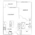 Inviting floor plan showcasing a spacious bedroom, modern kitchen, elegant living room, and a relaxing balcony.