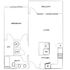 Modern 1-bedroom apartment floor plan featuring a spacious living area with balcony, efficient kitchen, and stylish bathroom with washer and dryer.