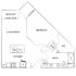 Modern floor plan with one bedroom, open living room, and kitchen, featuring a balcony, walk-in closet, and convenient washer/dryer setup.