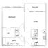 Modern floor plan showcasing 1 bedroom, spacious living area, and a balcony, featuring a full kitchen with pantry and in-unit laundry.