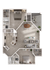 Contemporary floor plan showcasing two bedrooms, elegant open-concept living and dining area, and modern kitchen with breakfast bar.