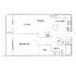 Modern floor plan featuring a spacious 1-bedroom, open living and dining area, kitchen with appliances, full bath, and balcony access.