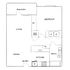Modern 2D floor plan featuring 1 bedroom, open living and dining areas, a sleek kitchen, and a private balcony with a bath and washer/dryer included.
