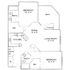 Inviting floor plan showcasing 2 spacious bedrooms, an elegant living room, modern kitchen, and a cozy dining area with access to a deck.