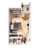 3D floor plan of a modern one-bedroom apartment with open living area, dining space, and balcony.